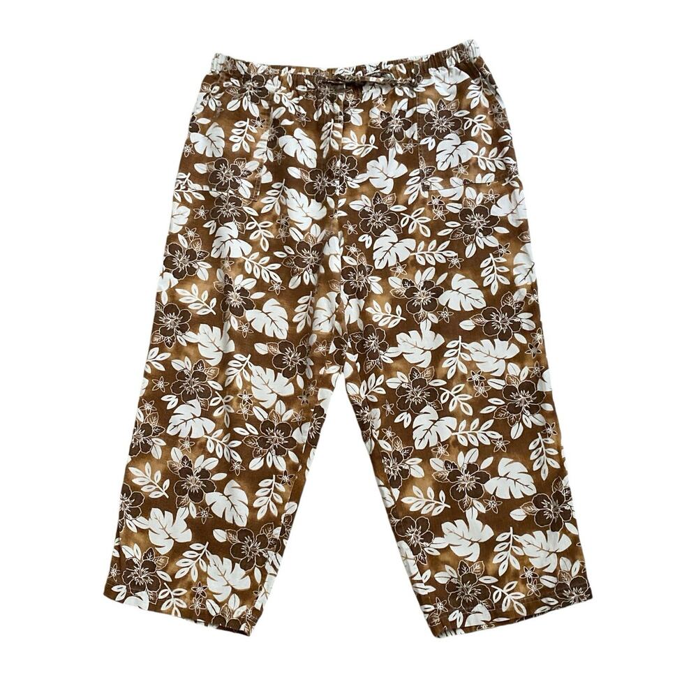 SAG HARBOR Womens Size XL Brown White Floral Linen Blend Cropped Capri Pants